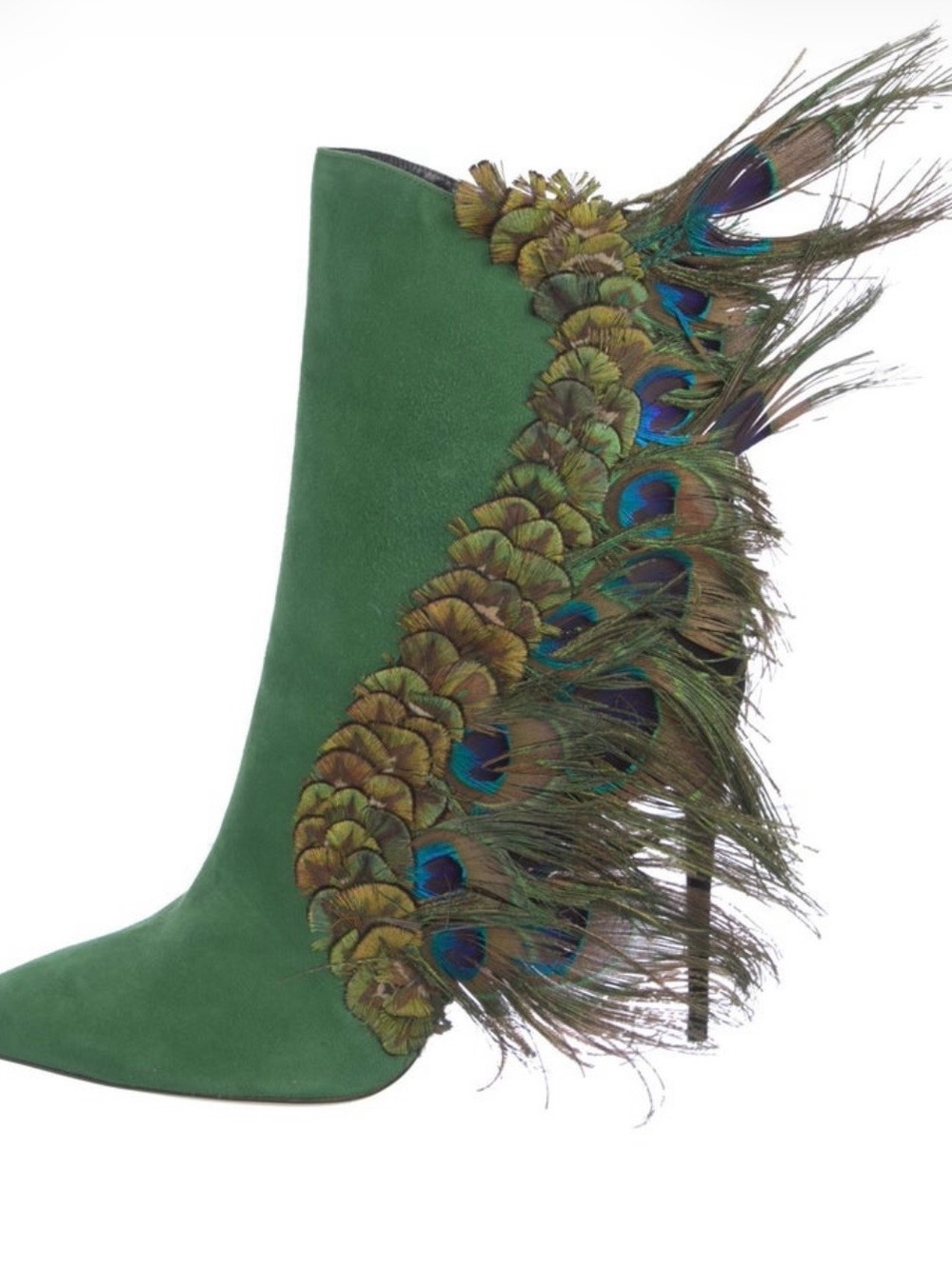Paul Andrew Green Suede Ankle Boot with Peacock Feather Trim